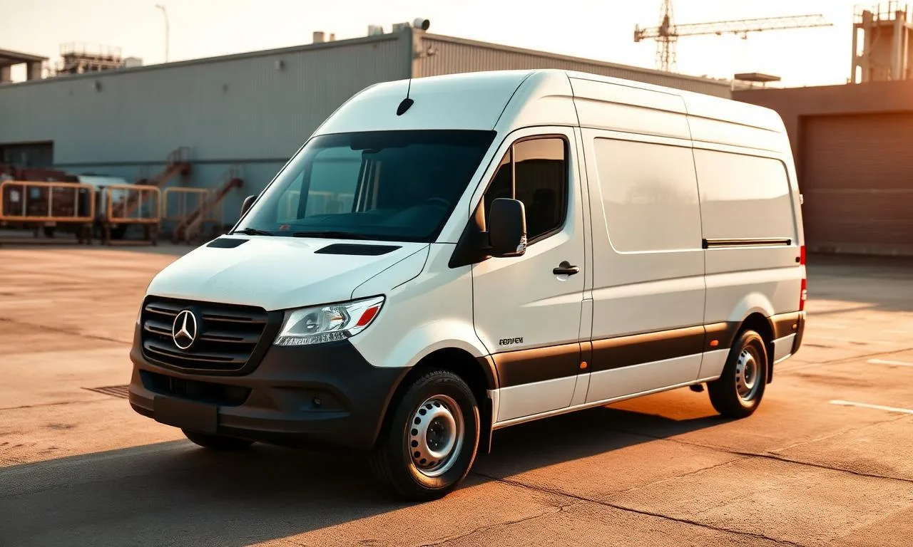 Vit Mercedes Sprinter transportbil parkerad på industriområde