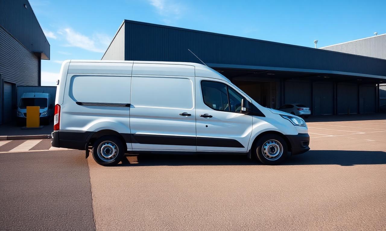 Vit transportbil parkerad vid företagsdepå