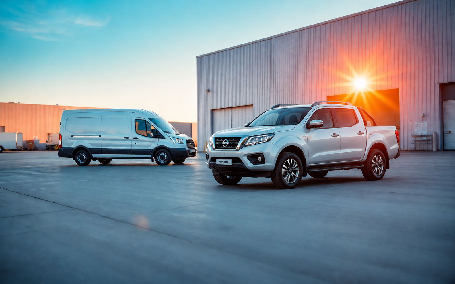 Transportbil och pickup parkerade vid industribyggnad – Bolagsbil.se köper arbetsbilar i hela Sverige